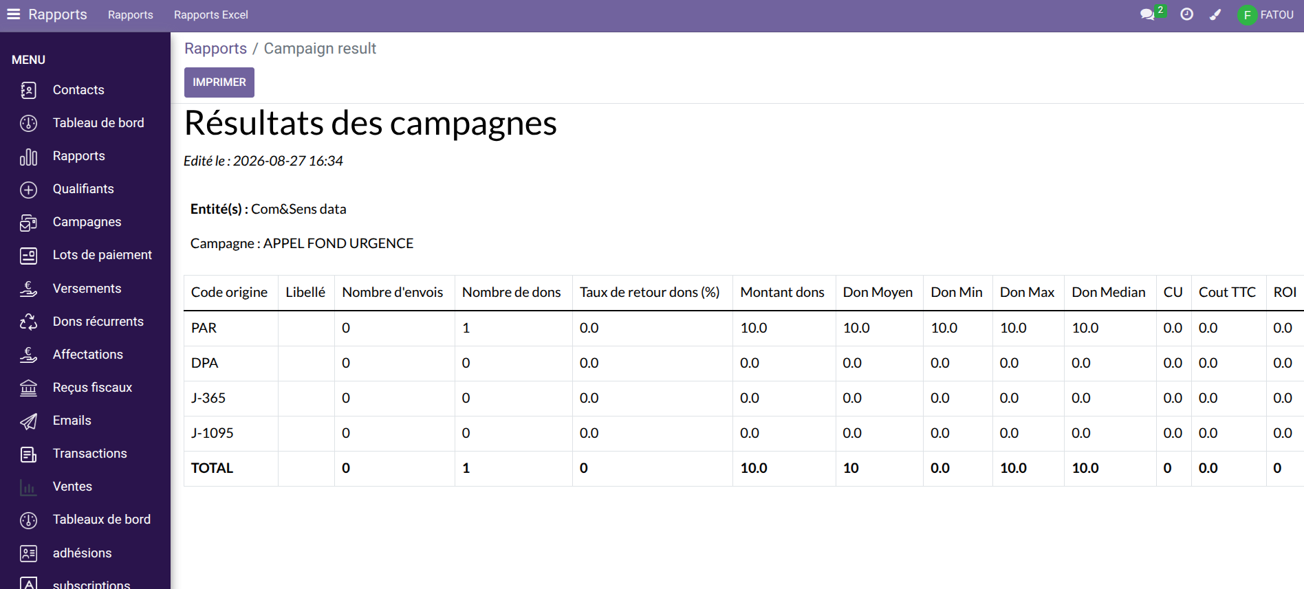 Rapports de campagnes de dons Démonstration du logiciel Opendon et de sa fonctionnalité de campagnes de dons