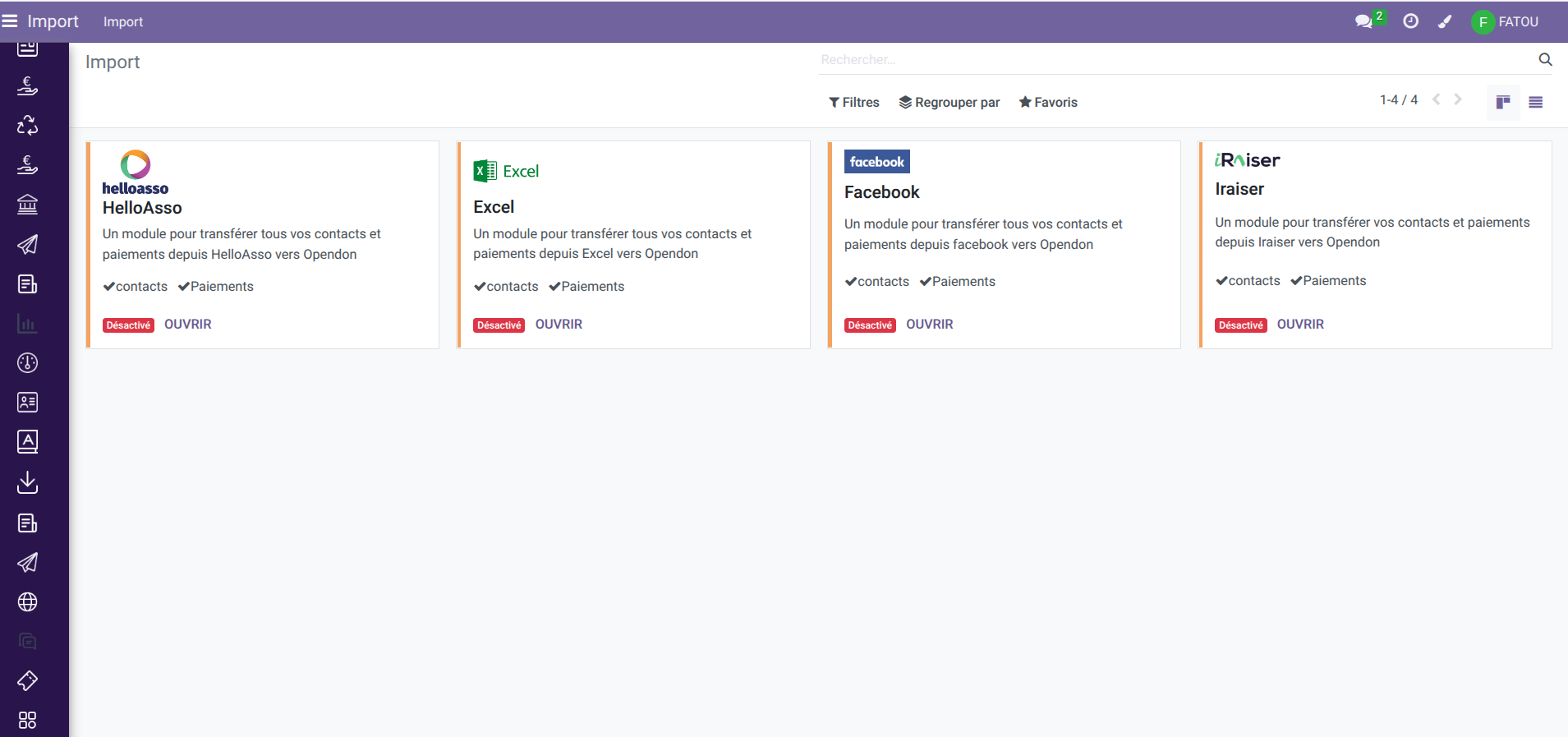 OpenDon et ses modules intégrables faciles à importer Démonstration du logiciel Opendon et de sa fonctionnalité d'extensions intégrées comme HelloAsso, Excel, Facebook ou iRaiser